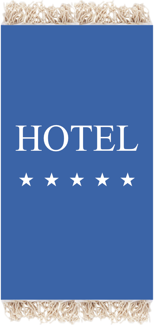 Blue hotel sign with white text reading "HOTEL" and five white stars below, fringed with beige tassels at the top.