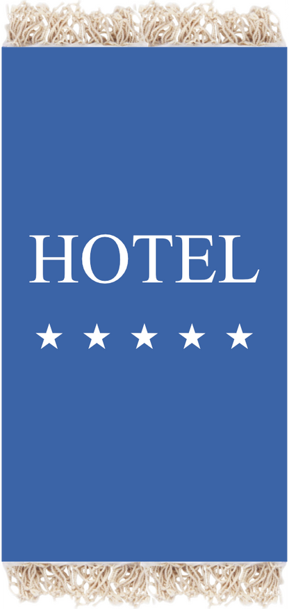 Blue hotel sign with white text reading "HOTEL" and five white stars below, fringed with beige tassels at the top.